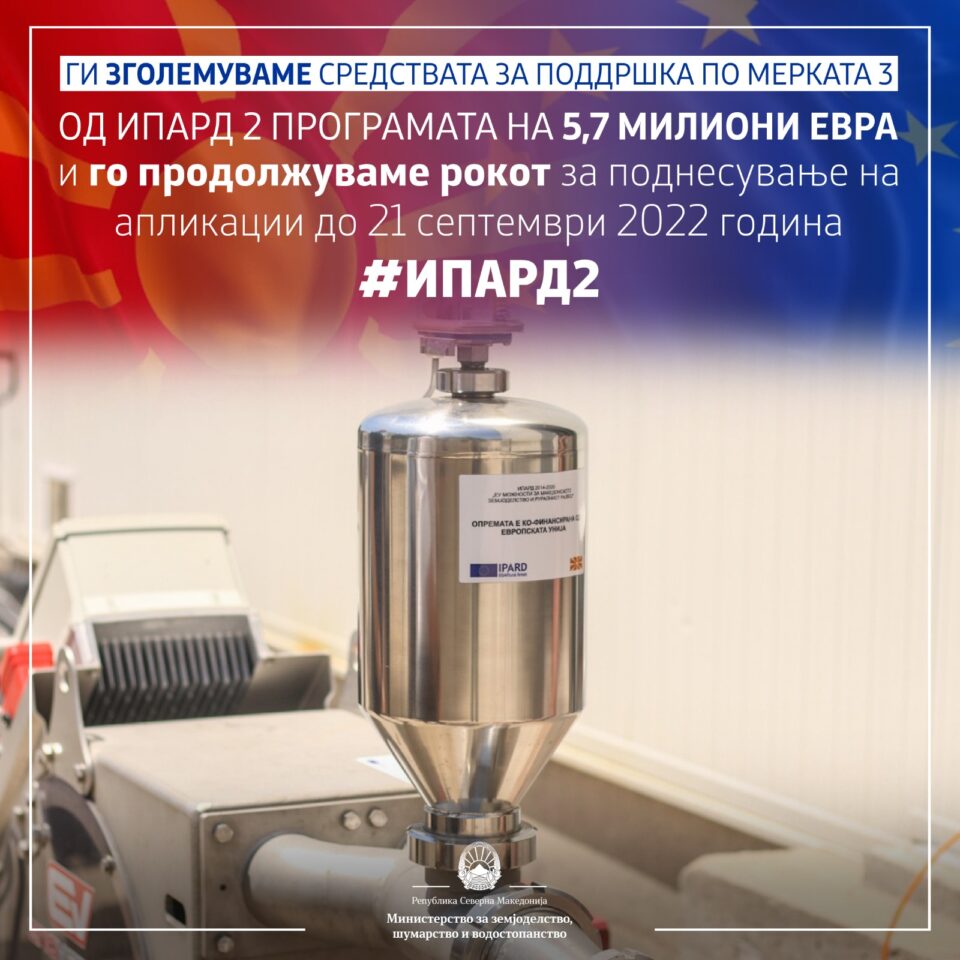 МЗШВ: До 21 септември се продолжува рокот за аплицирање по мерката 3 од ИПАРД 2 програмата – Ја зголемуваме и поддршката на 5,7 милиони евра