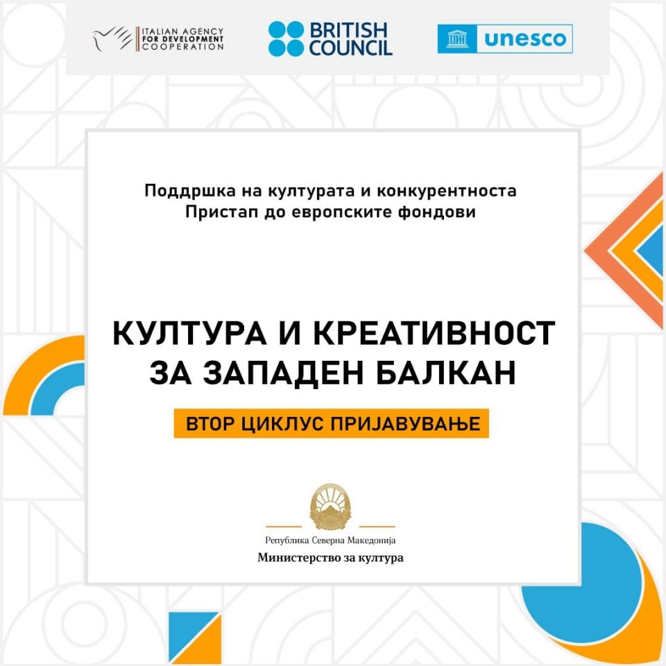 Втор циклус на повикот на УНЕСКО, Британскиот совет и на Италијанската агенција за аплицирање на заедничкиот проект „Култура и креативност за Западен Балкан“ финансиран од Европската Унија